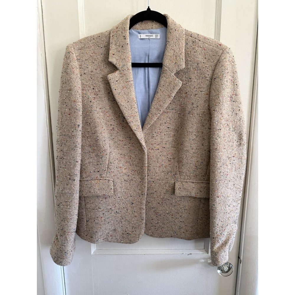 Mango Donegal Tweed Confetti Textured Beige Wool Silk Blend Blazer Size 10
